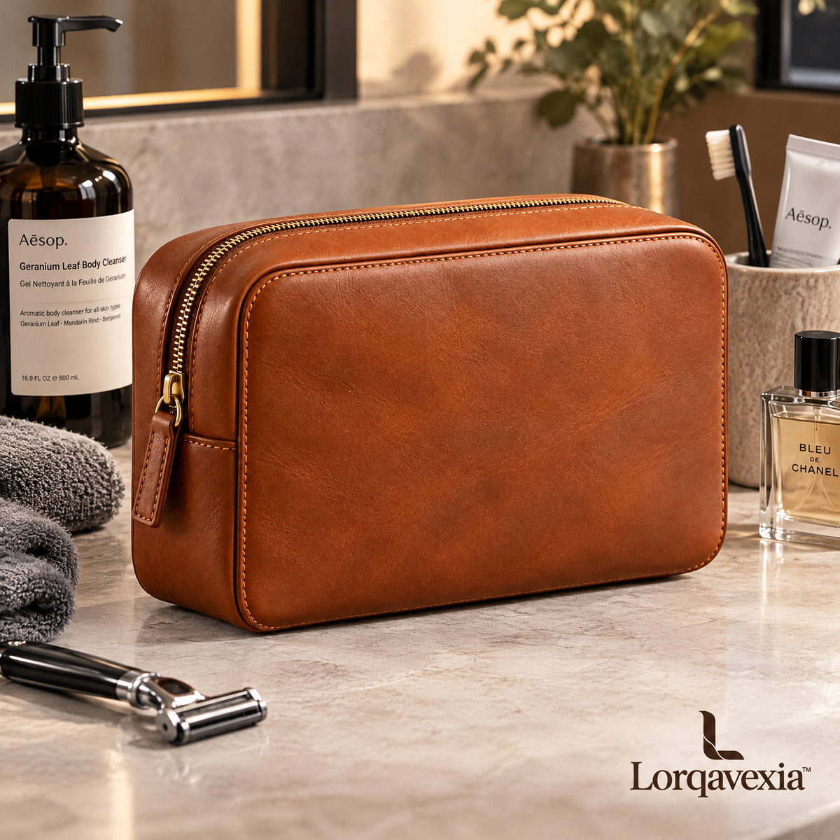 Cognac Leather Travel Pouch — lifestyle view