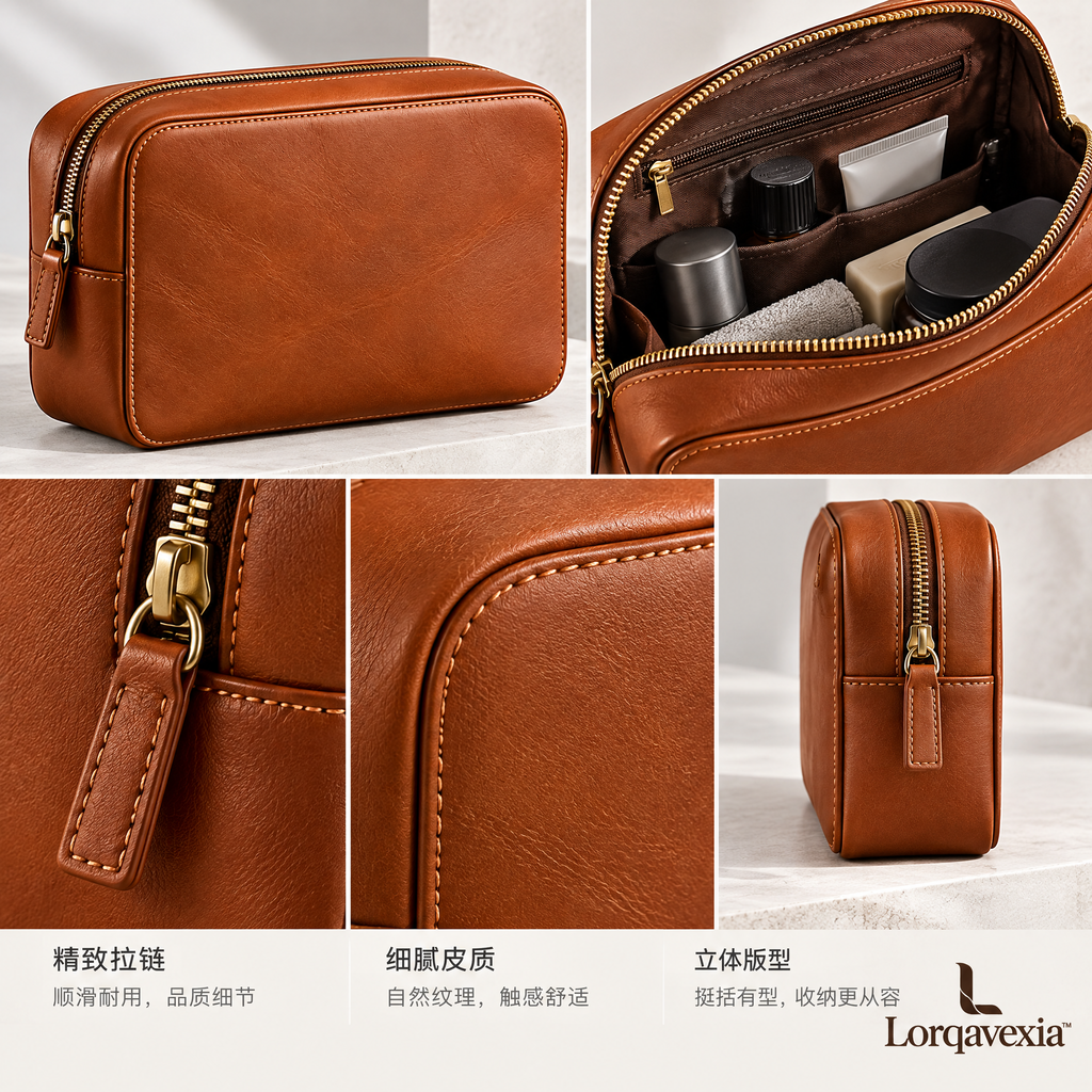 Cognac Leather Travel Pouch — design details