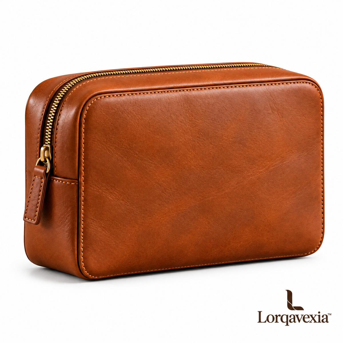 Cognac Leather Travel Pouch — studio view