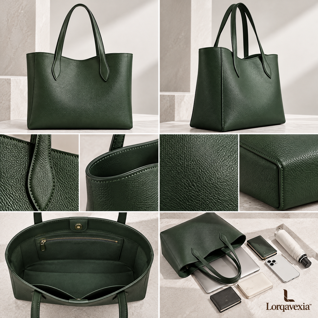 Forest Green Leather Tote — design details