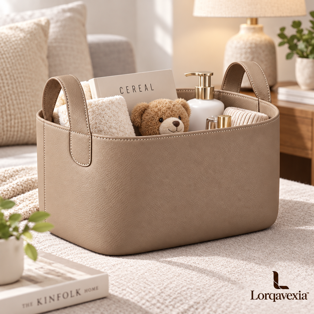 Taupe Leather Storage Basket — lifestyle view
