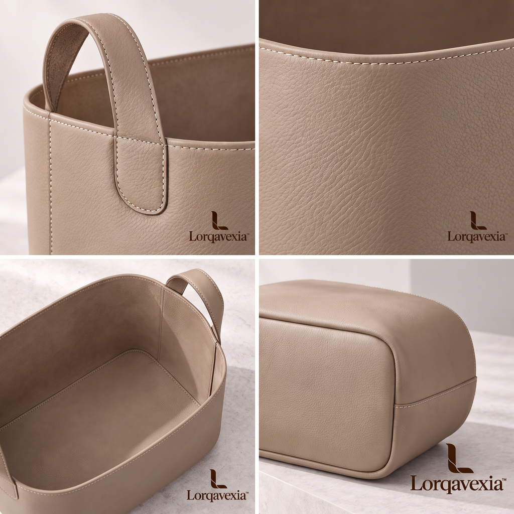 Taupe Leather Storage Basket — design details