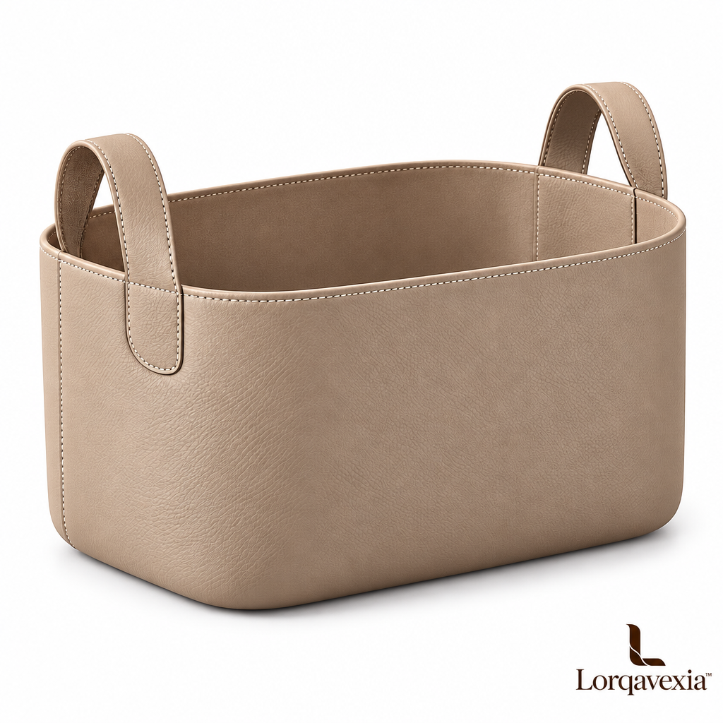 Taupe Leather Storage Basket — studio view