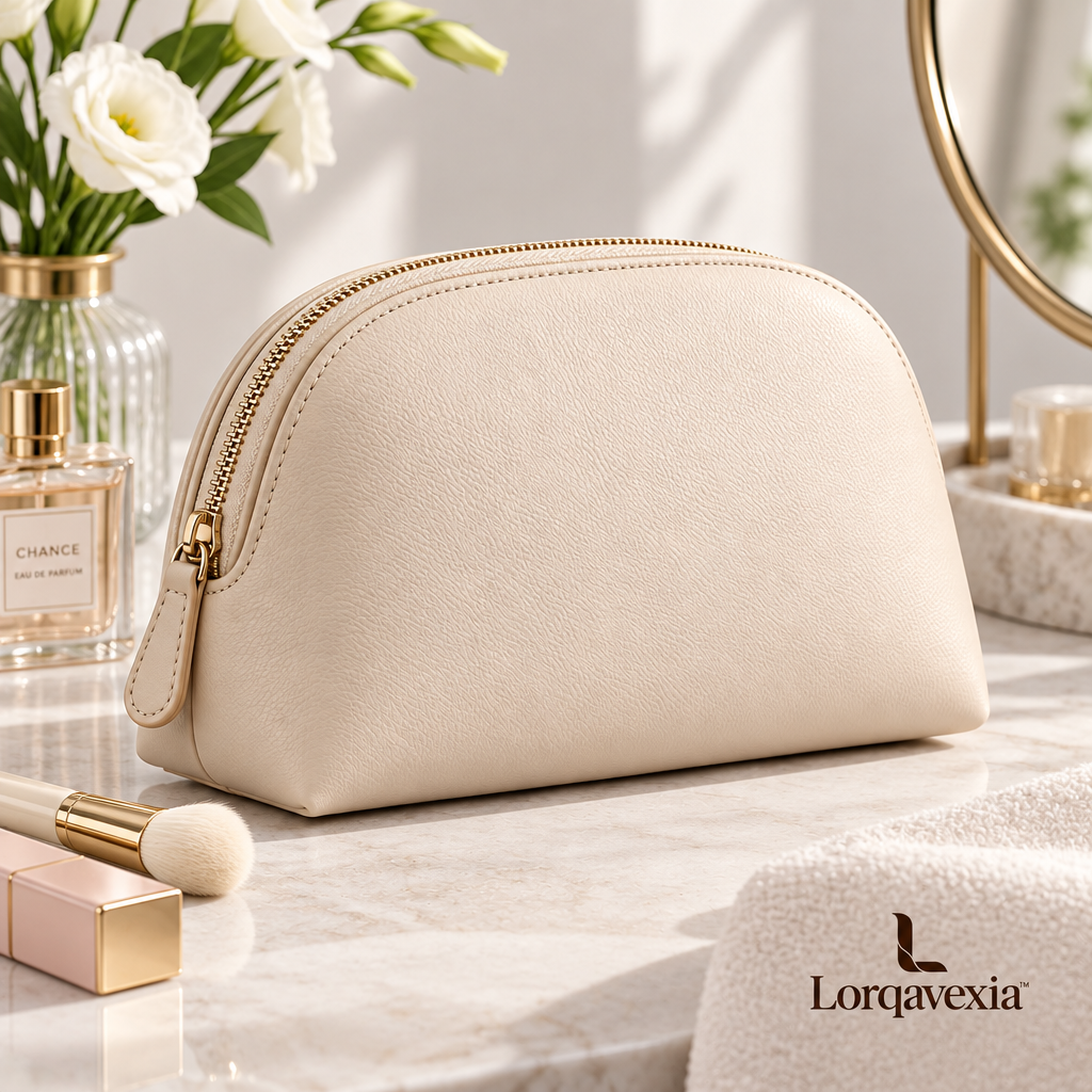 Almond Leather Makeup Bag — lifestyle view