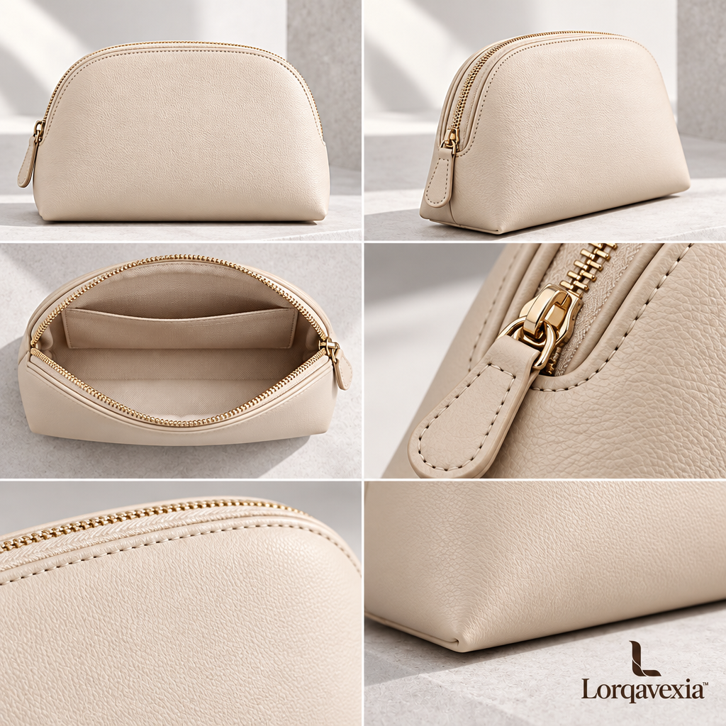 Almond Leather Makeup Bag — design details
