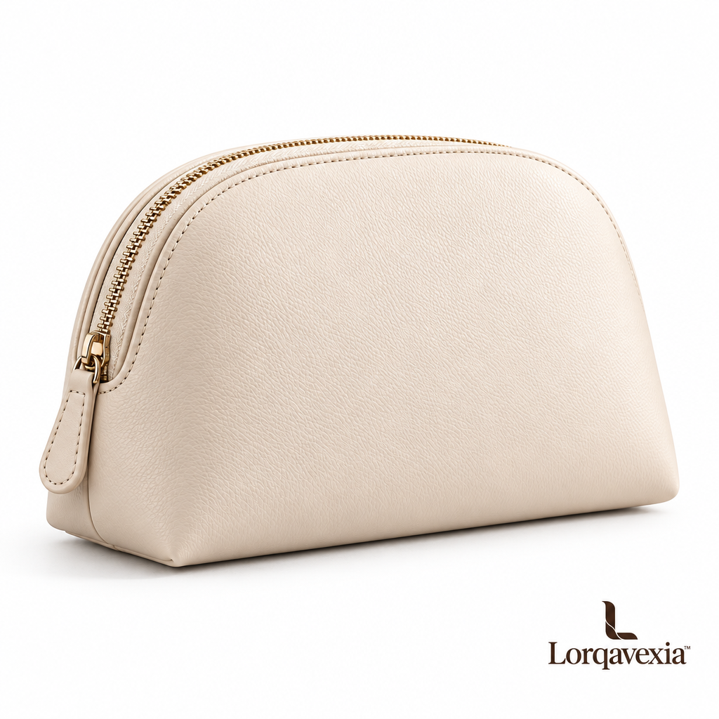 Almond Leather Makeup Bag — studio view