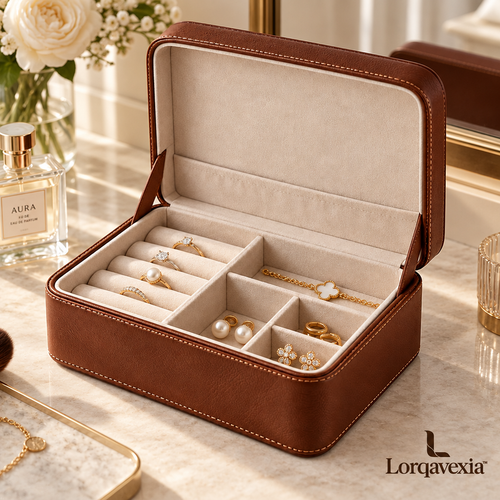 Chestnut Leather Jewelry Box — lifestyle view