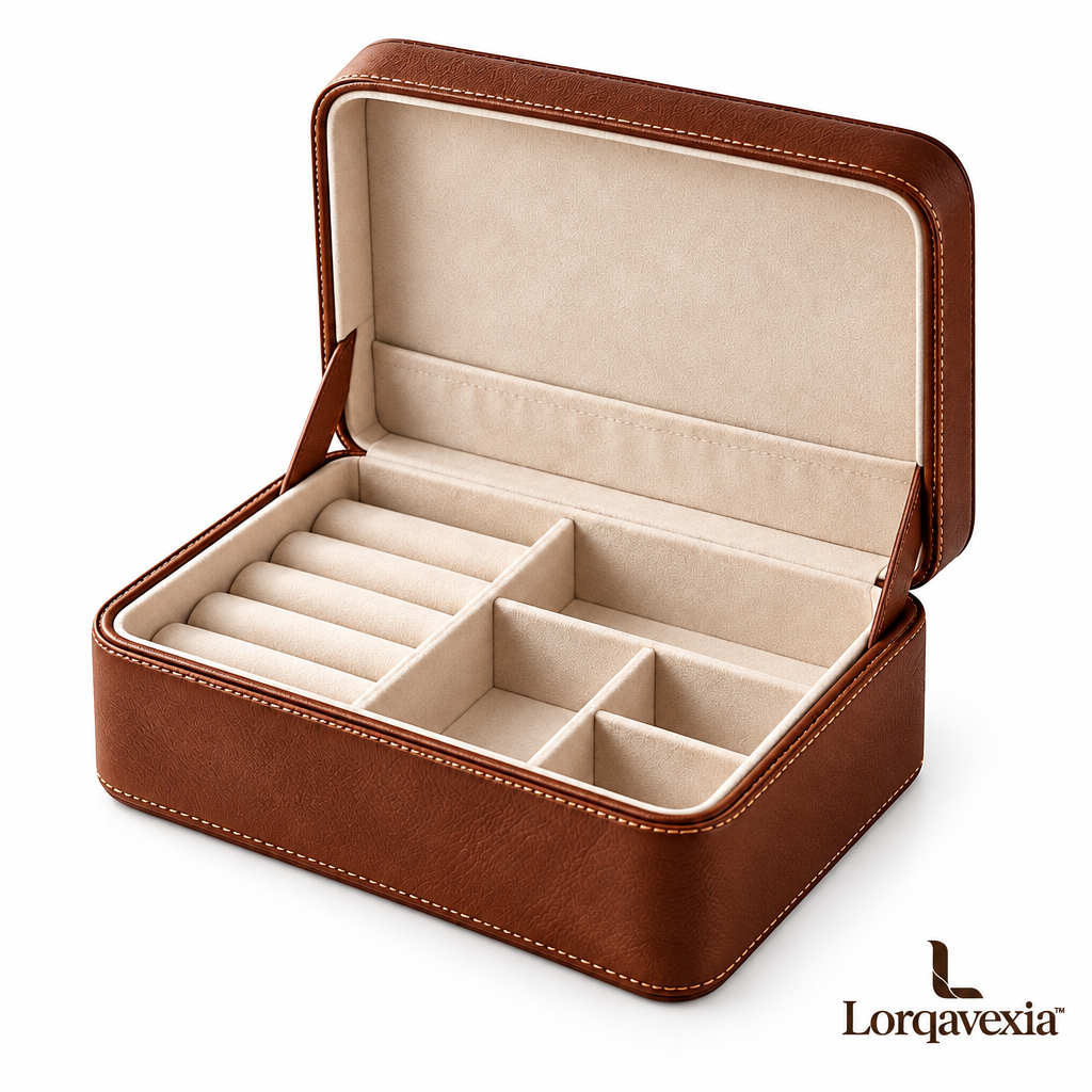Chestnut Leather Jewelry Box — studio view