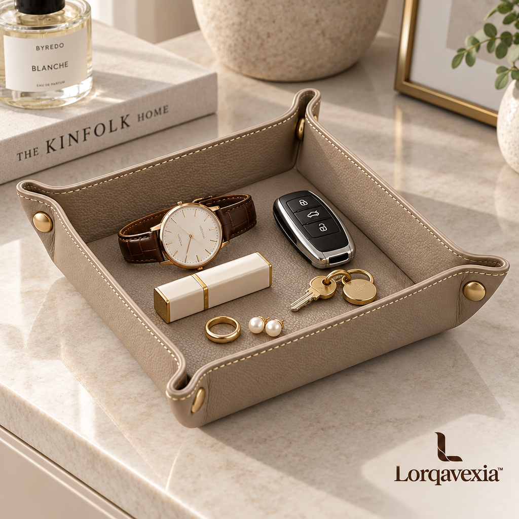 Greige Leather Catchall Tray — lifestyle view