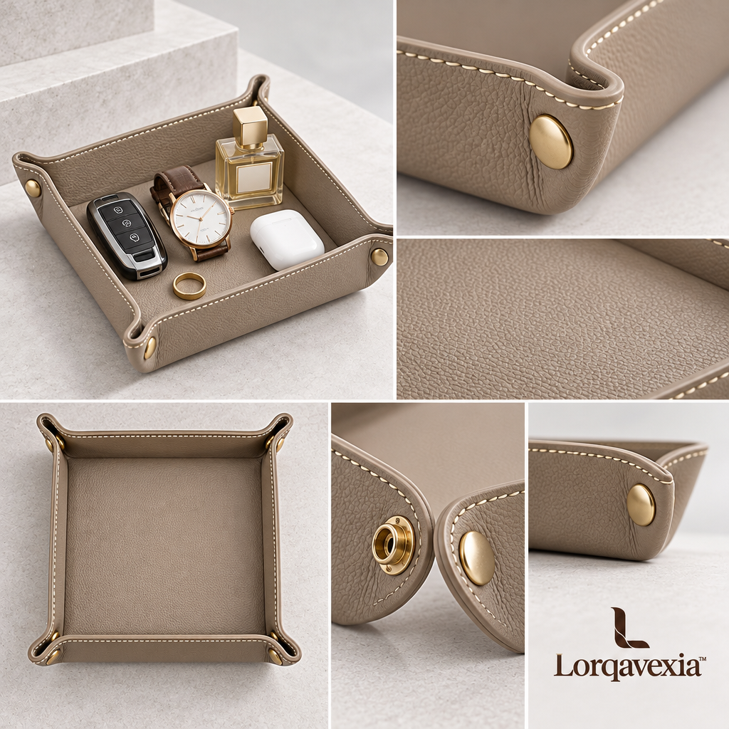 Greige Leather Catchall Tray — design details