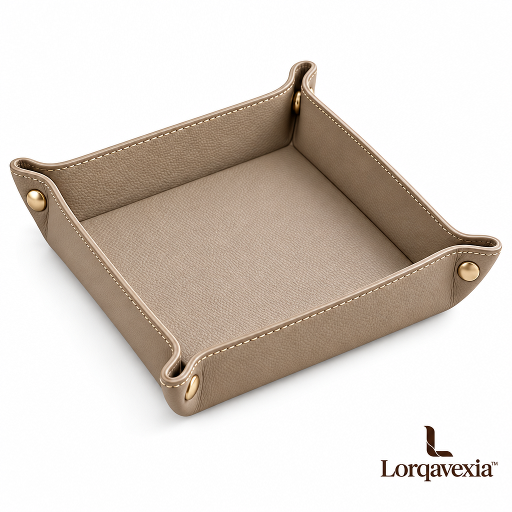 Greige Leather Catchall Tray — studio view