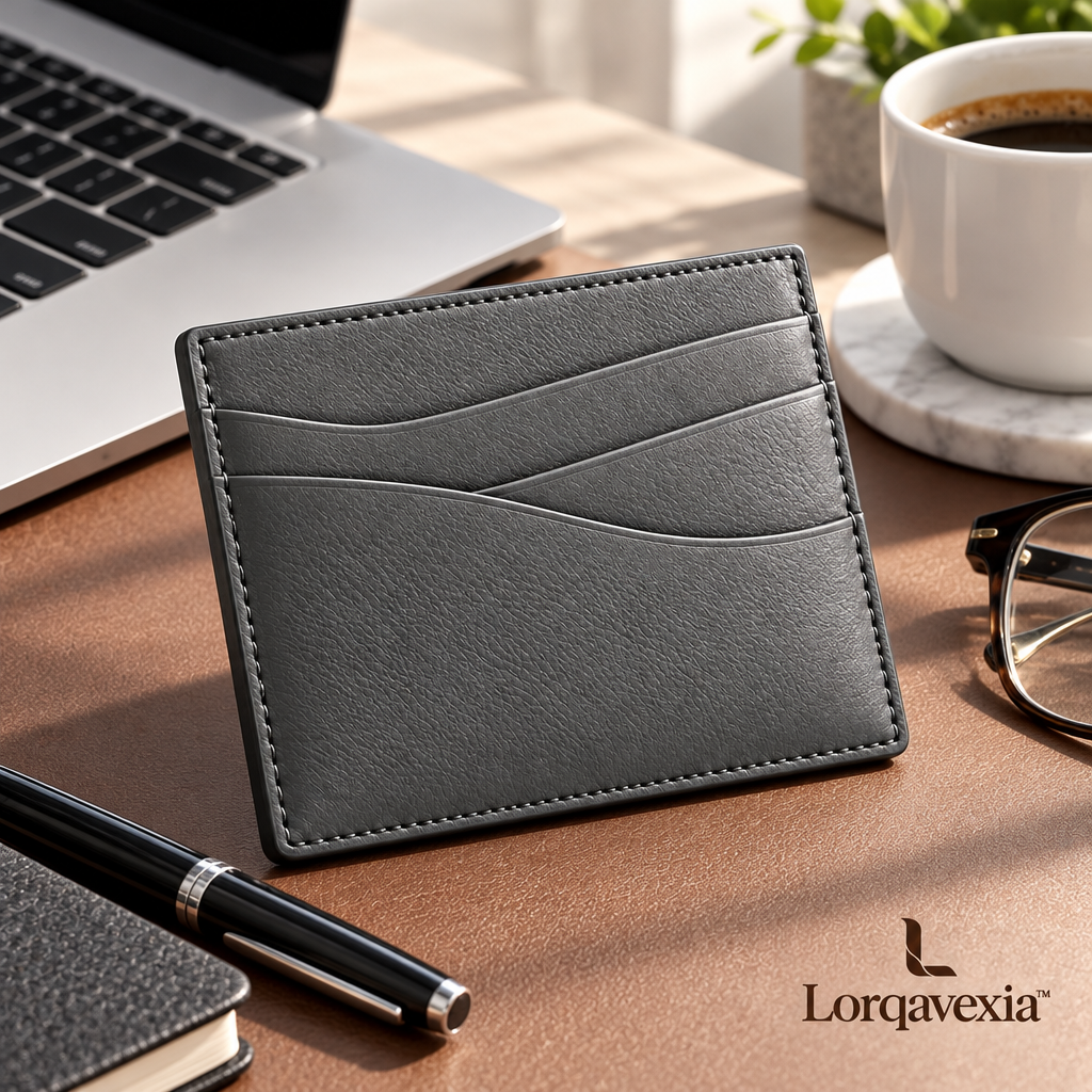 Slate Gray Leather Card Holder — lifestyle view