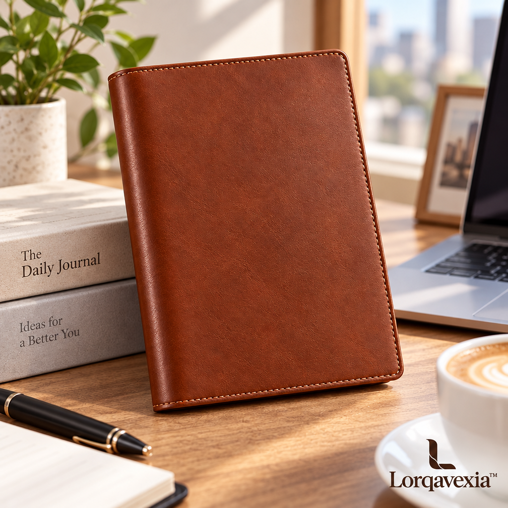 Saddle Brown Leather Notebook Cover — lifestyle view