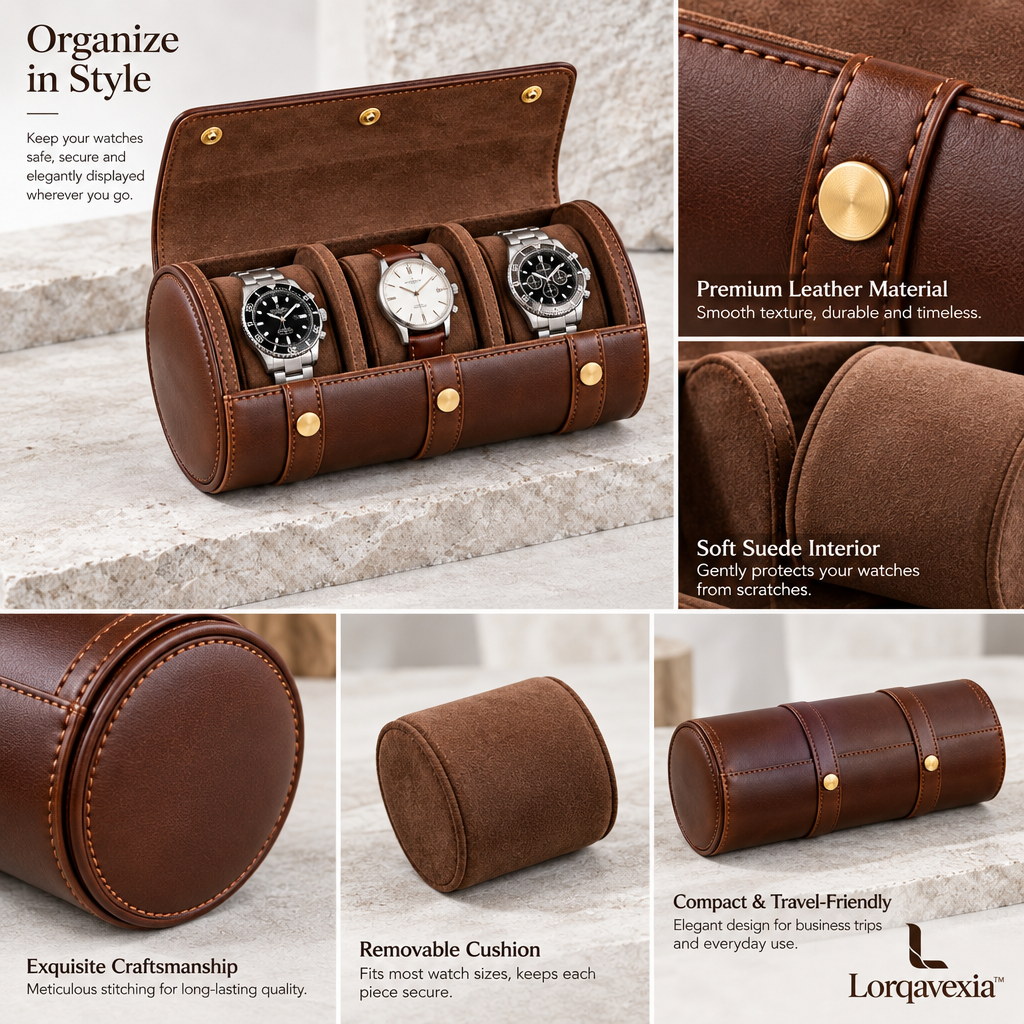 Chestnut Leather Watch Roll — design details