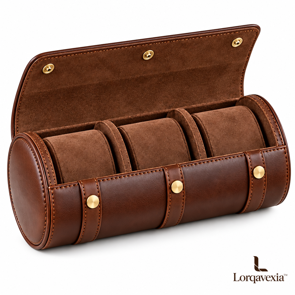 Chestnut Leather Watch Roll — studio view