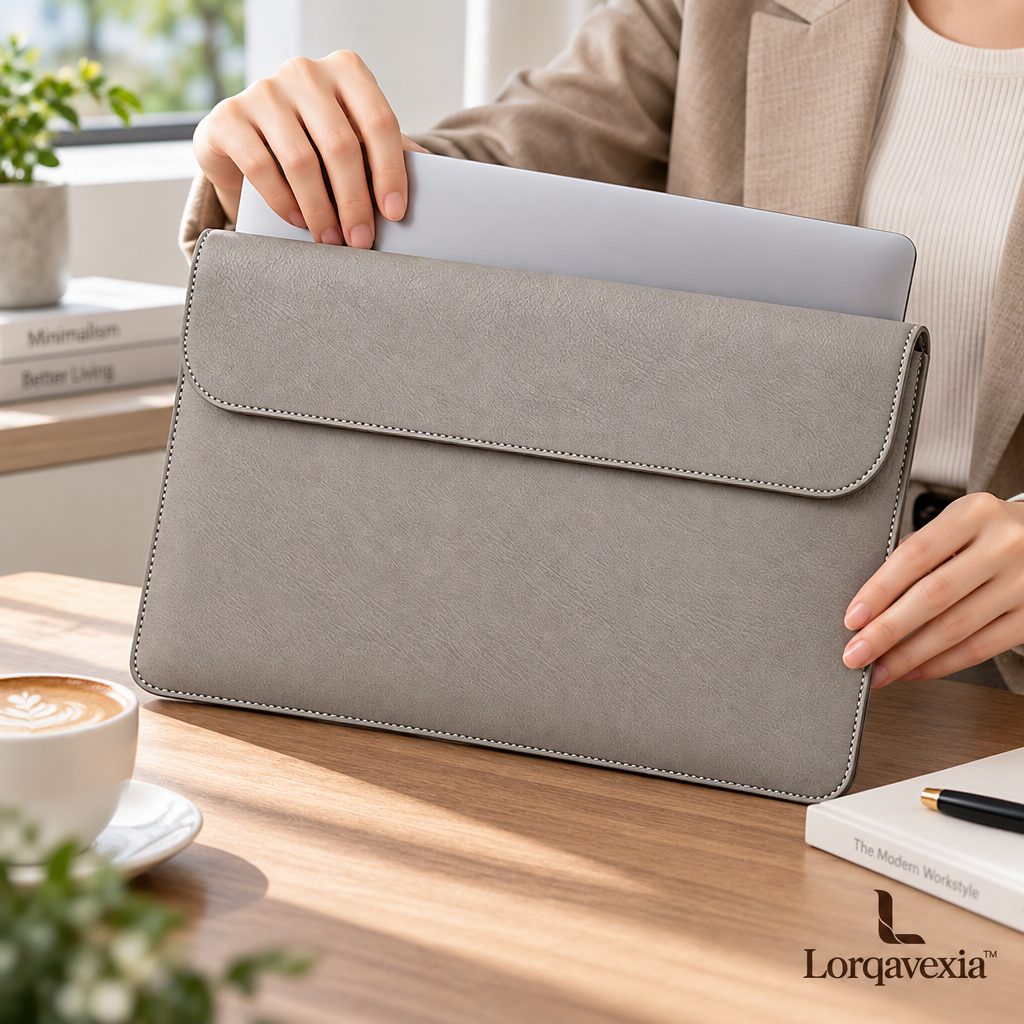 Stone Gray Leather Laptop Sleeve — lifestyle view