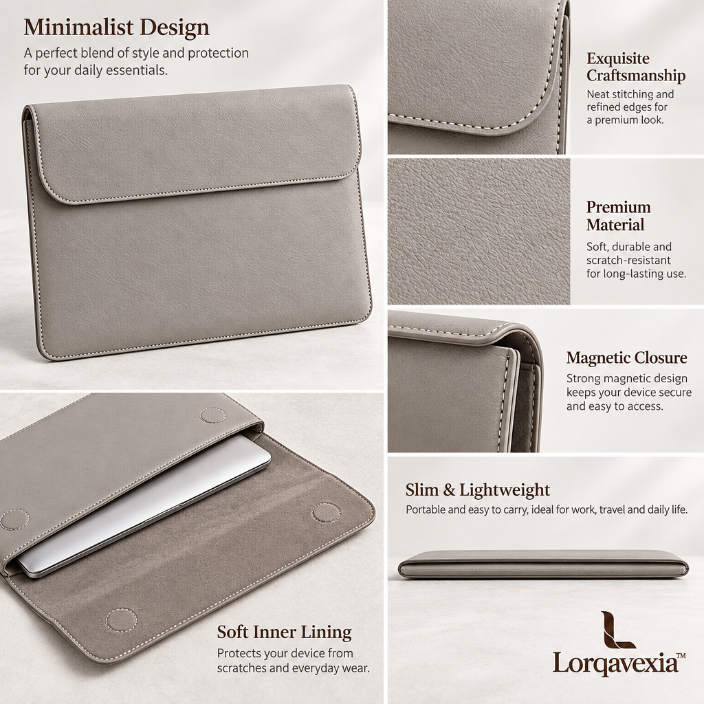 Stone Gray Leather Laptop Sleeve — design details