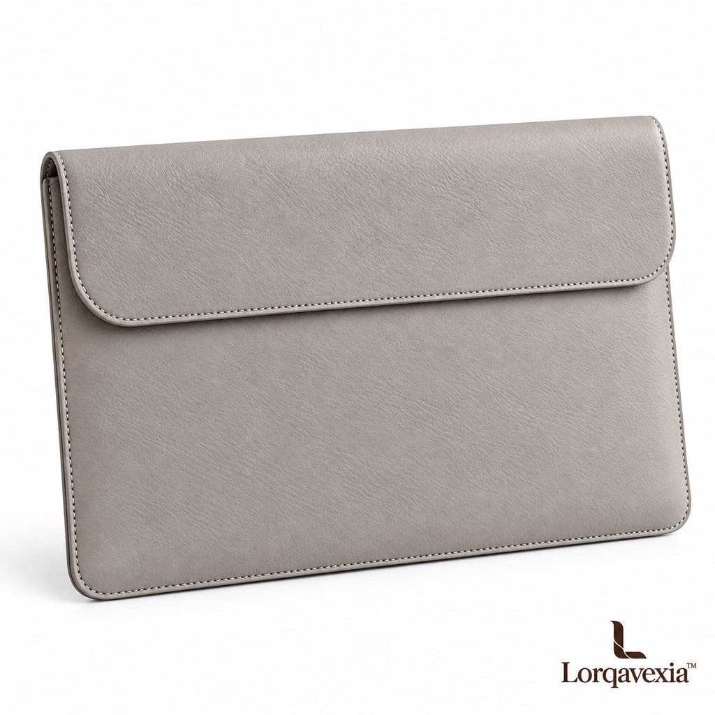 Stone Gray Leather Laptop Sleeve — studio view