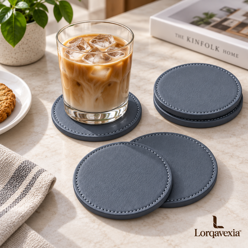 Slate Blue Leather Coasters, Set of 4 — lifestyle view