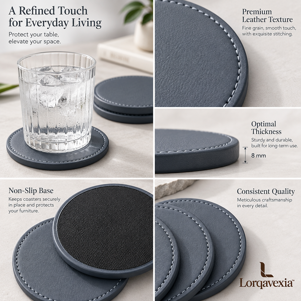 Slate Blue Leather Coasters, Set of 4 — design details